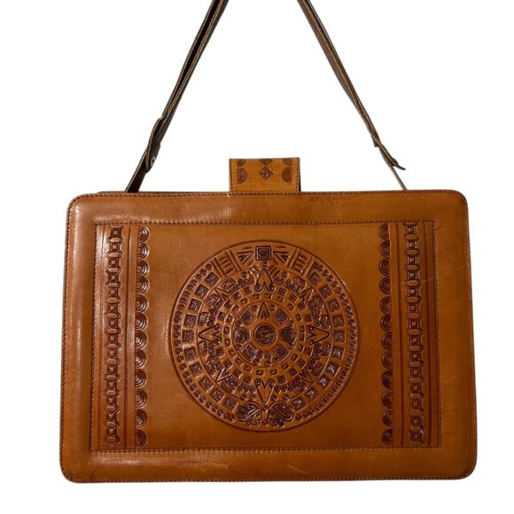 Vintage Embossed Leather Shoulder Bag With Mexican Folk Art Design - Picture 2 of 10